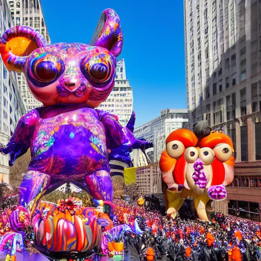 Image similar to photo of giant parade float by lisa frank and hr giger in the macys thanksgiving parade, detailed 4 k photo