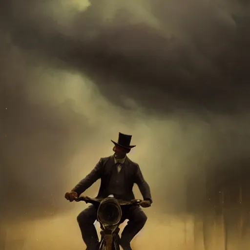 Image similar to cinematic shot epic portrait an man in a fancy suit riding a bike, rain, cloudy, broad light, ambient occlusion, volumetric light effect, made by ivan aivazovsky, peter mohrbacher, greg rutkowski, matte painting, trending on artstation, 4 k, perfectly defined features, digital painting, cinematic, epic, highly detailed,