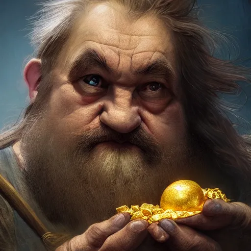 Prompt: portrait of a brutal dwarf hugging the humongous raw, unrefined sparkling gold nugget, lump of native gold, realistic, fantasy art, dnd, lord of the rings, medium shot, mid - shot, moody lighting, by greg rutkowski, alphonse mucha, artgerm, trending on artstation, concept art, sharp focus, octane render, cgsociety