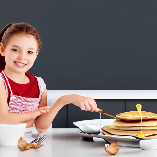 Image similar to photorealistic image of a beautiful girl cooks delicious pancakes in a minimalist kitchen with white walls, a red oak table.