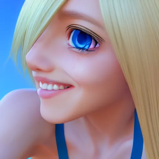 Image similar to beautiful hyperrealism selfie of a cute 3 d anime young woman smiling smugly, long light platinum blonde hair, flushed face, heart - shaped face, cute freckles, light blue eyes, golden hour, 8 k, instagram