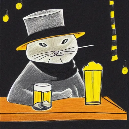 Image similar to A cat wearing a bucket hat black and a scarf drinking a beer at an outside bar in Stockholm, the clothes are black and yellow, children’s book drawing