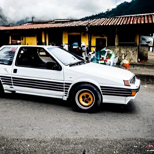 Prompt: Toyota AE86 Trueno white with black capo drifting through quindio\'s mountains with a cloud of white smoke coming out of the rear tires, photography, 8k