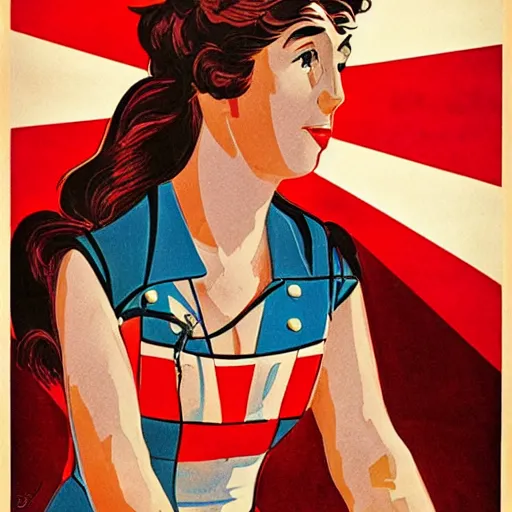 Image similar to portrait of young woman riding a bicycle in summer, soviet propaganda poster, hungarian flag in the background, colored, artgerm, highly detailed