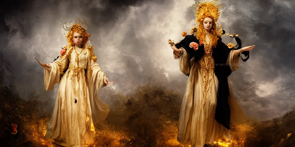 Prompt: female golden dead saint character in a full body virgin pose wearing white and black victorian robe with an aureola made of golden cactae over the head and holding a rose, with warm backlight. background: whirlpool of clouds forming an angelic circle. sunset light. beneath there's a barren land with serpents. apocalyptic. low angle. rembrandt style