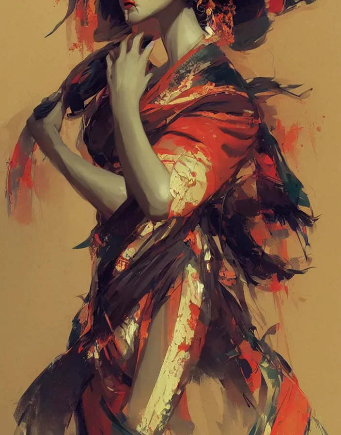 Image similar to portrait of a beautiful geisha, volume lighting, concept art, by greg rutkowski!!, dramatic, xray melting colors!!
