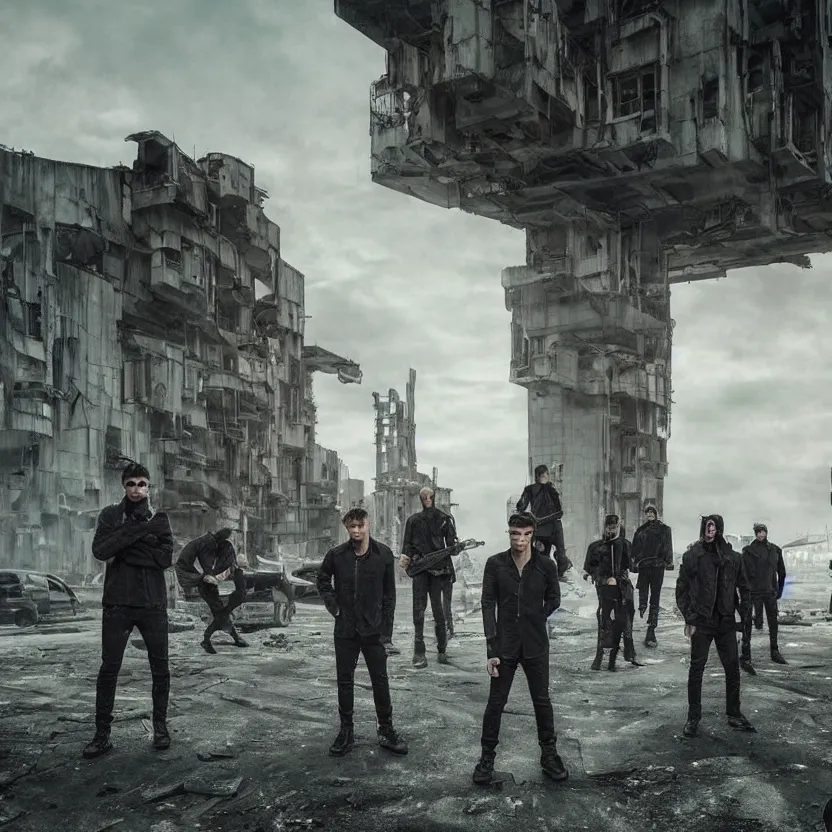 Prompt: starset band standing in the streets, in an apocalyptic ruined distopian future city in an epic cinematic shot, with red haze, performing a music video, detailed faces, stunning realism, brutalist buildings tower over