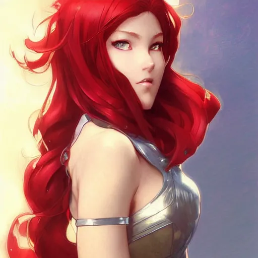 Image similar to a cool red - bun - haired anime girl. she is dressed as a superhero. clean elegant painting, beautiful detailed face. by artgerm and greg rutkowski and alphonse mucha