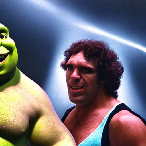 Image similar to shrek vs andre the giant at wrestlemania 8, dramatic lighting, 8k