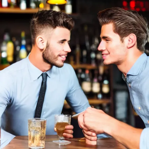 Prompt: a very handsome young man who is flirting with another very handsome young man at a bar, casually dressed