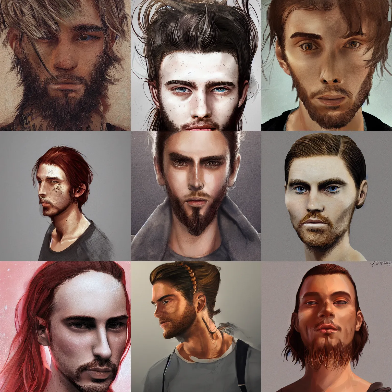 Prompt: portrait of a thin young man with long red hair in a man bun, a lot of freckles on his face, intricate, symetric, highly detailed, digital painting, artstation, sharp focus