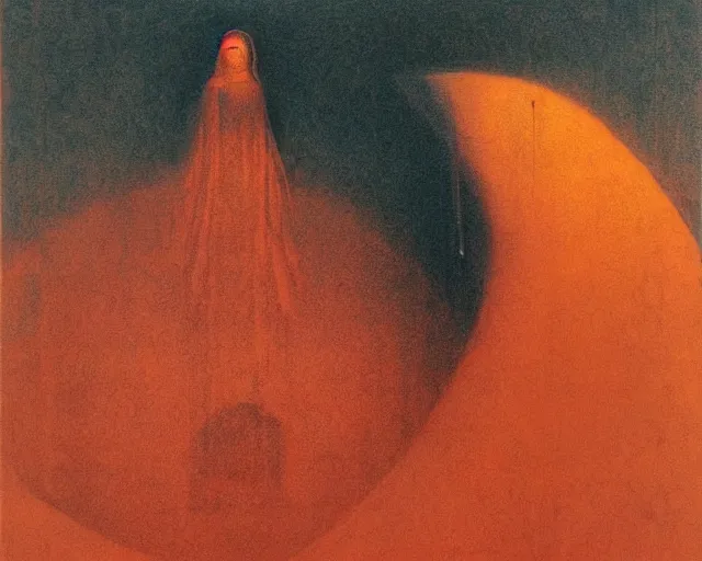 Image similar to by francis bacon, beksinski, mystical redscale photography evocative. devotion to the scarlet woman in her cathedral, priestess in a conical hat, coronation, ritual, sacrament