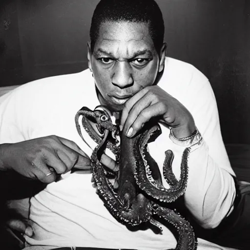 Prompt: john coltrane snuggling an octopus in bed