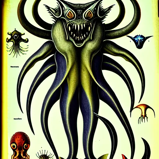 Image similar to bestiary of creatures from the depths of the unconscious psyche