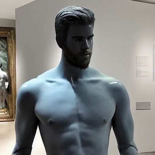 Image similar to “a realistic detailed photo of a guy who is an attractive humanoid who is half robot and half humanoid, who is a male android, actor Liam Hemsworth, shiny skin, posing like a statue, blank stare, at the museum, on display”