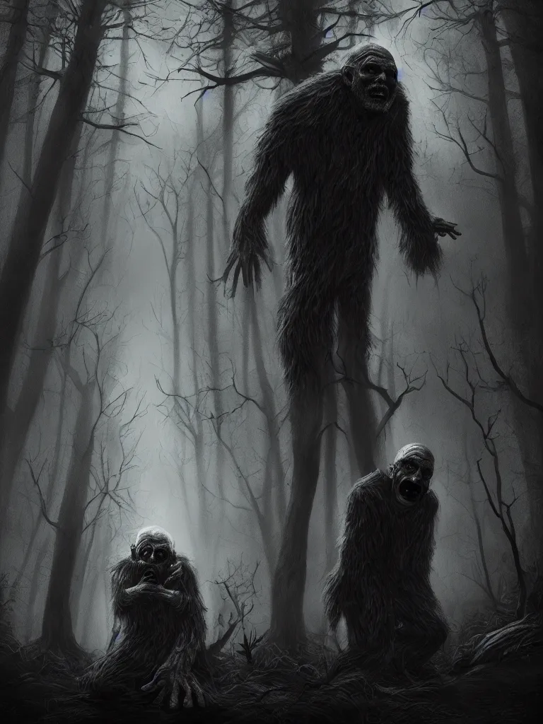 Prompt: creepy mutated old man hiding in a dark forest, digital black and white painting by oleg vdovenko, chuvabak, maxim verehin, flash photography, trending on artstation, character painting, digital illustration, flashlight photography