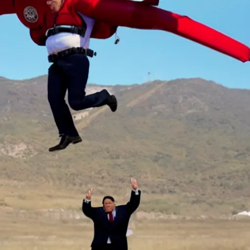 Prompt: president pedro sanchez jumping out of an airplane, epic movie still, professional photography