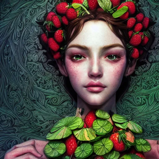 Image similar to the portrait of an absurdly beautiful, graceful, elegant, sophisticated perky woman made of strawberries and green petals, an ultrafine hyperdetailed illustration by kim jung gi, irakli nadar, intricate linework, bright colors, octopath traveler, final fantasy, unreal engine 5 highly rendered, global illumination, radiant light, detailed and intricate environment