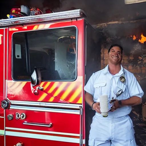 Image similar to firefighter serving icecream in a room that is on fire 🔥