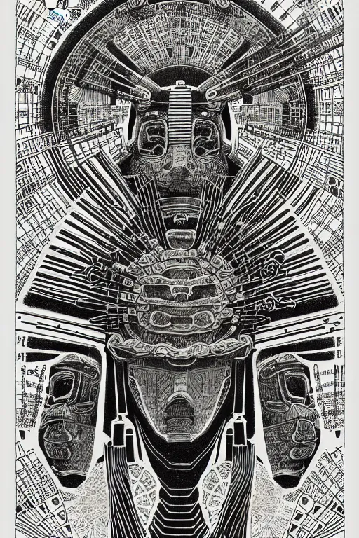 Image similar to a black and white drawing of an ancient future japanese temple samurai, bioluminescence, a detailed mixed media collage by hiroki tsukuda and eduardo paolozzi and ernst haeckel, intricate linework, sketchbook psychedelic doodle comic drawing, geometric, street art, polycount, deconstructivism, matte drawing, academic art, constructivism