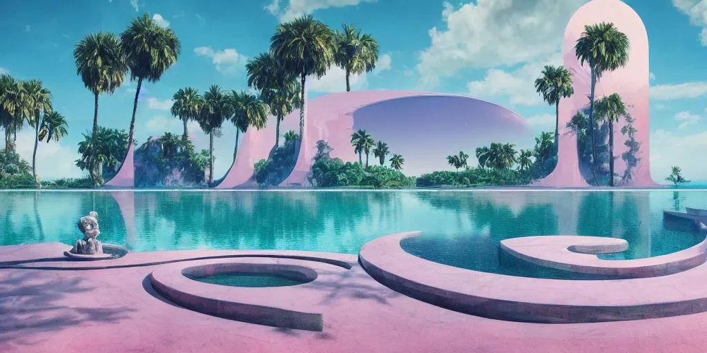 Prompt: Beeple masterpiece, hyperrealistic surrealism, award winning masterpiece with incredible details, epic stunning, infinity pool, a surreal vaporwave liminal space, highly detailed, trending on ArtStation, calming, meditative, pink arches, palm trees, surreal, sharp details, dreamscape, giant gold head statue ruins, crystal clear water, sunrise