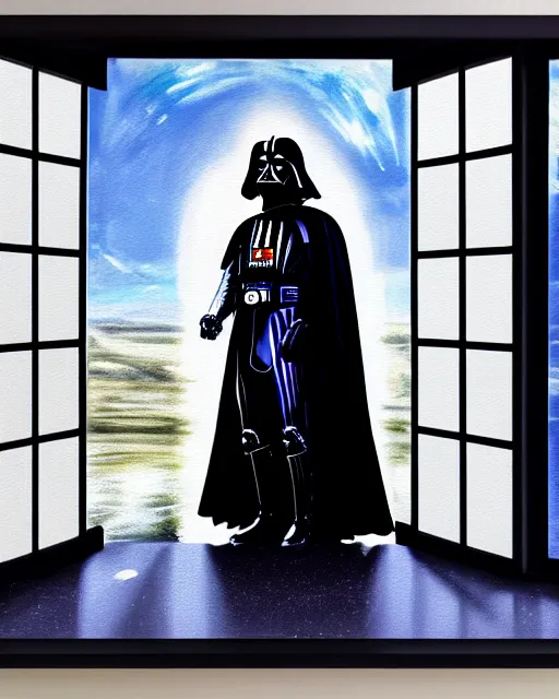 Prompt: acrylic painting portrait of darth vader looking through a large window into outer space, high production value, intricate details, high resolution, hdr, high definition, masterpiece, realistic, ultrarealistic, highly detailed, hd, sharp focus, non blurry, sharp, smooth