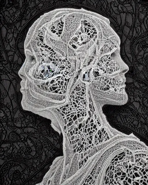 Image similar to a woman's face in profile, made of intricate decorative lace skeleton, in the style of the dutch masters and gregory crewdson, dark and moody