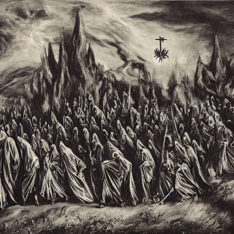 Image similar to A Holy Week procession of grim reapers in a lush Spanish landscape at night. A hooded figure at the front holds a cross. El Greco, Remedios Varo, Salvador Dalí, Zdzisław Beksiński,Carl Gustav Carus, Edward Hopper.