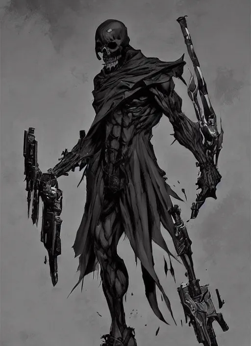 Image similar to Grim Reaper, god of rot. In style of Yoji Shinkawa and Hyung-tae Kim, trending on ArtStation, dark fantasy, great composition, concept art, highly detailed, dynamic pose.