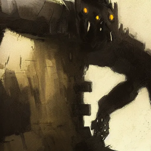 Image similar to close - up by martin deschambault, by ian mcque stormy, casual. a print of a large, black - clad figure of the king looming over a small, defenseless figure huddled at his feet. the king's face is hidden in shadow. menacing stance, large, sharp claws, dangerous & powerful creature.