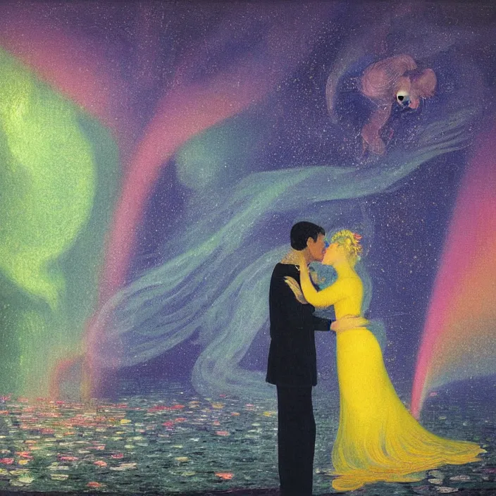 Image similar to close portrait of woman and man kissing. aurora borealis. iridescent, vivid psychedelic colors. painting by fra angelico, agnes pelton, utamaro, monet