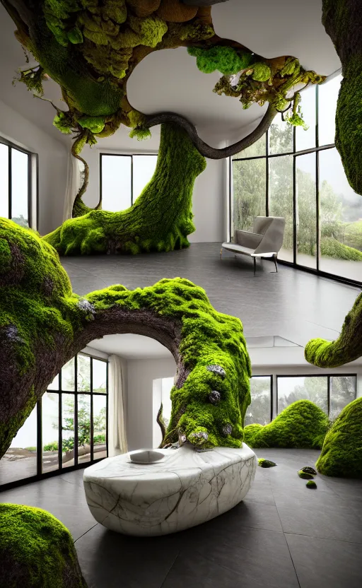 Image similar to highly detailed villa natural beautiful light interior soft cinematic composition of a smooth ceramic porcelain biomorphic magnolia stone nebula fluid sci - fi surreal colorful architecture landscape, furniture, granite, trees, marble, moss, lichen, fungi, vincent callebaut composition, mamou - mani, archviz, 8 k, unreal engine, hdr