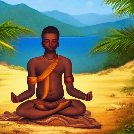 Image similar to contented peaceful haitian!! bodhisattva, praying meditating, in a scenic environment, detailed, golden hour, realism, artstation trending, digital art