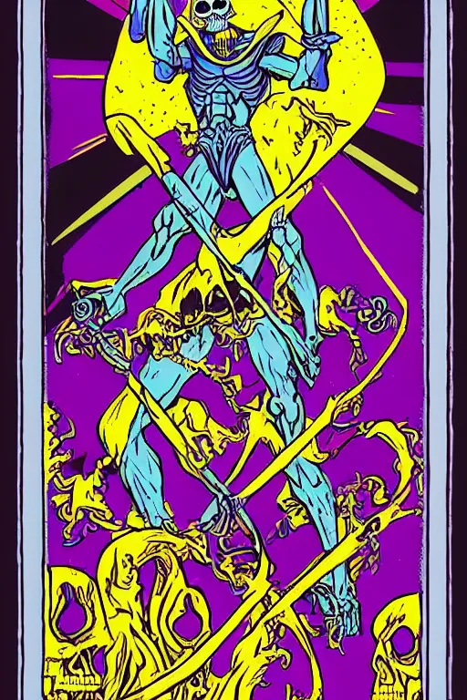 Image similar to skeletor tarot card, illustrated by john dyer baizley