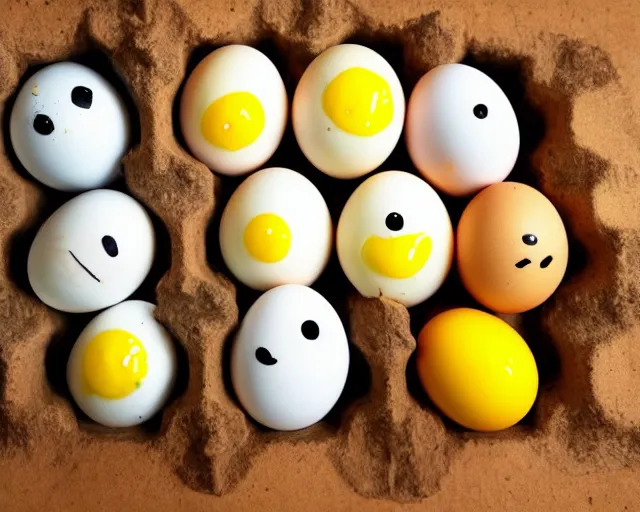 Prompt: eggs with happy faces on them. they have arms and legs made of twigs. yolk is pouring out of their snout. they have a broken nose. but its ok