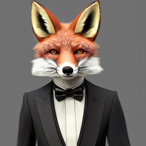 Prompt: photorealistic fox man wearing a tuxedo. hyperdetailed photorealism, 1 0 8 megapixels, cinematic lighting