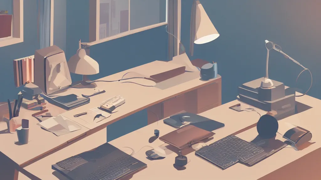 Image similar to stylized retro minimalist design, the desk of a famous web designer working with apple computer, loftis, cory behance hd, by moebius, makoto shinkai and lois van baarle, ilya kuvshinov, rossdraws global illumination