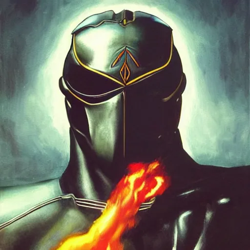 Image similar to a realistic painting by Raffaello Sanzi depicting the Kamen Rider Black RX with the head of the symbiotic Burning Skull in the Renaissance,smooth,Sharp focus, trending on Artstation.