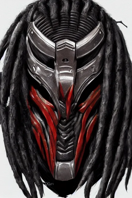 Image similar to predator 1 9 8 7 masked face redesign, portrait, highly detailed, black smooth dreads, mandables, digital painting, trending on artstation, concept art, illustration