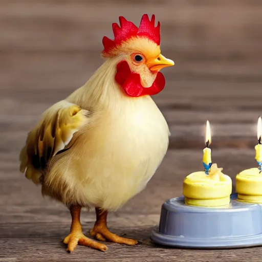 Prompt: a light yellowish downed baby chick is standing near a cake with 3 birthday candles and near a rooster