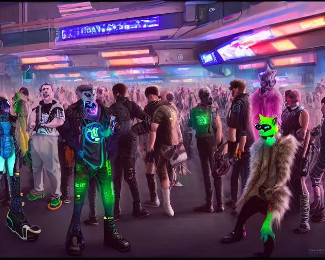 Image similar to high - resolution photograph from a cyberpunk era furry fandom convention ( midwest furfest 2 0 4 7 ), taking place after the genetic revolution and singularity. photorealistic.