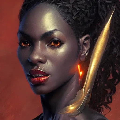 Image similar to portrait of a beautiful blackwomen devil warrior MTG iluustration, demon hunter ,intricate, headshot, highly detailed, digital painting, artstation, concept art, cinematic lighting, illustration, art by artgerm and greg rutkowski, alphonse mucha, cgsociety, science fiction