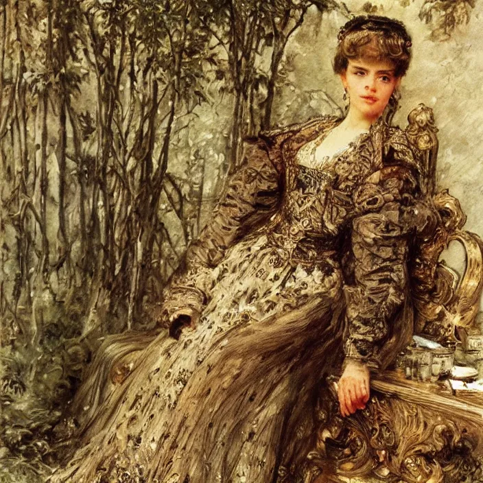 Image similar to longing look of a woman, portrait, highly detailed, bourgeoise, extremely opulent, ornate art, pompous, ornamental, richly detailed, digital art by ivan shishkin, adolph menzel, carvaggio