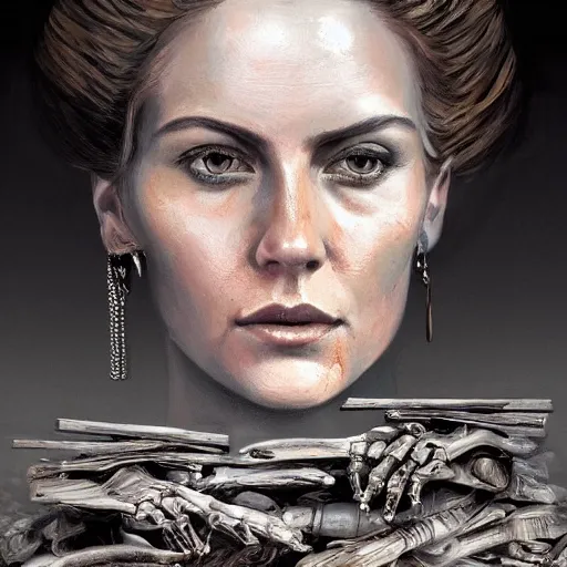 Prompt: A beautiful detailed whole body portrait painting of Dolores Abernathy sitting on a pile of bones, robot revolution, apocalypse, highly detailed, digital painting, artstation, cgscoiety, dramatic lighting, cinematic, establishing shot, intricate, smooth, sharp focus, illustration, Unreal Engine 5, concept art, 8K, art by artgerm and Westworld and Esao Andrews.