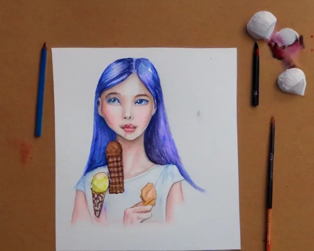 Image similar to a girl with the ice cream watercolor colored pencil painting trending on artstation