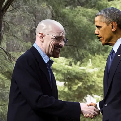 Prompt: walter white shaking hands with obama