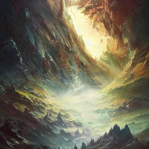 Image similar to fantasy book cover painting, dramatic shot of a lively landscape in the country by Ross Tran