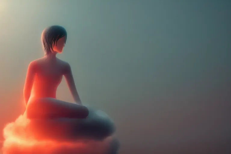 Image similar to a cute robot girl sitting on a cloud relaxing, misty, digital art, hazy, foggy, red lighting, ambient lighting, 8 k,