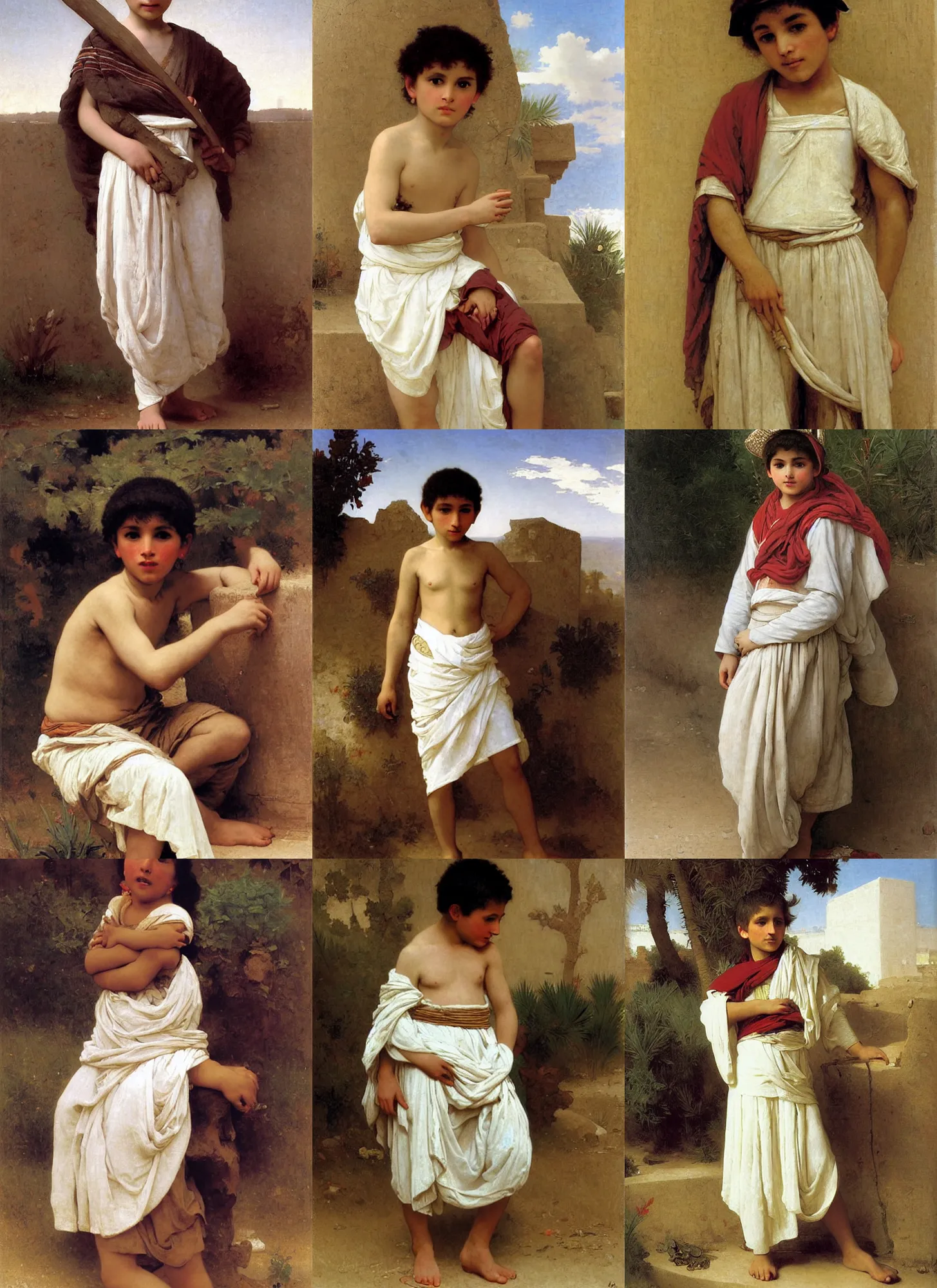 Prompt: berber boy, white skirt, orientalism, bouguereau