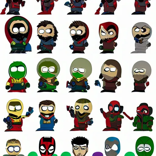 Prompt: Marvel's Avengers as South park characters, character art